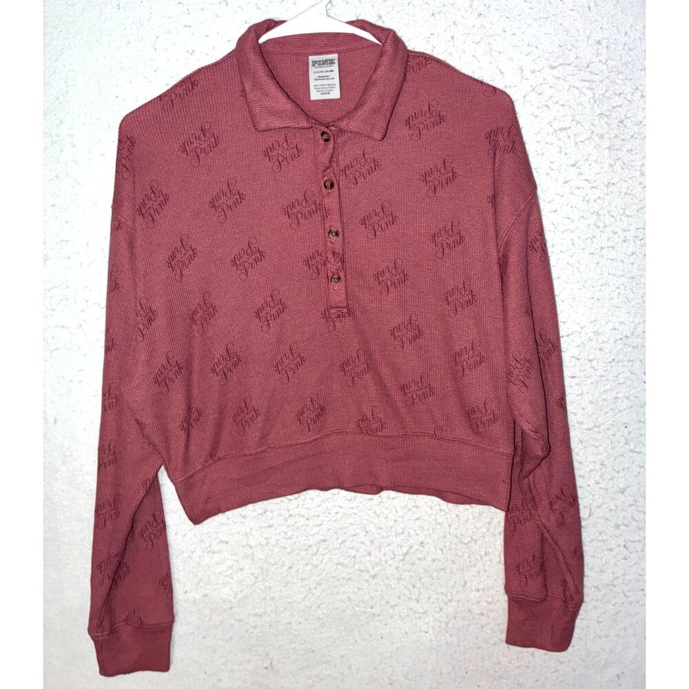 Victoria Secret PINK Long Sleeve Sleepwear Top S Henley Polo Logo Thermal Waffle